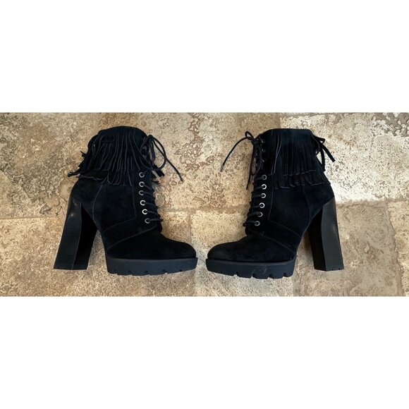 Kenneth Cole Black Fringe Lace-Up Heeled Boots Size 10 - Picture 3 of 11